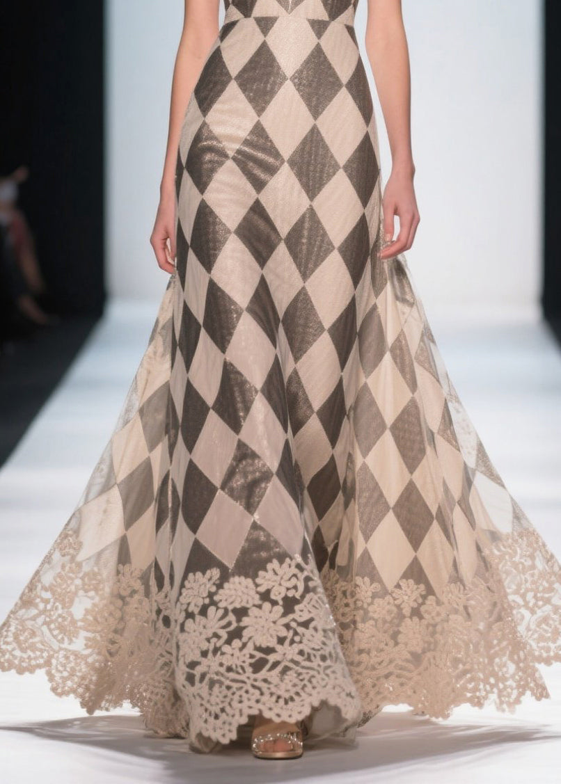 French Khaki Deep-v Neck Plaid Chiffon Dinner Dress Summer