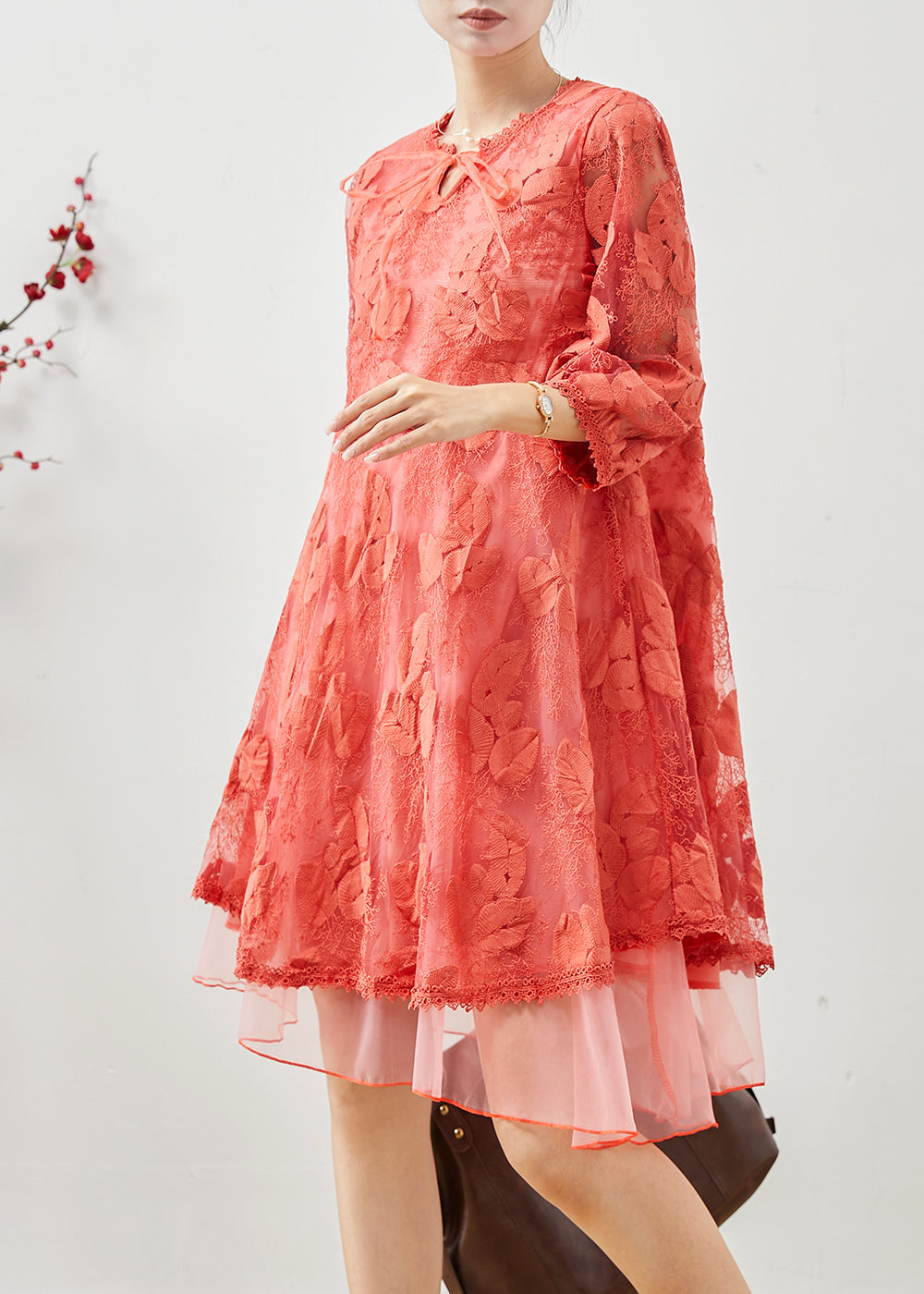Orange Embroidered Tulle Vacation Dress Bracelet Sleeve