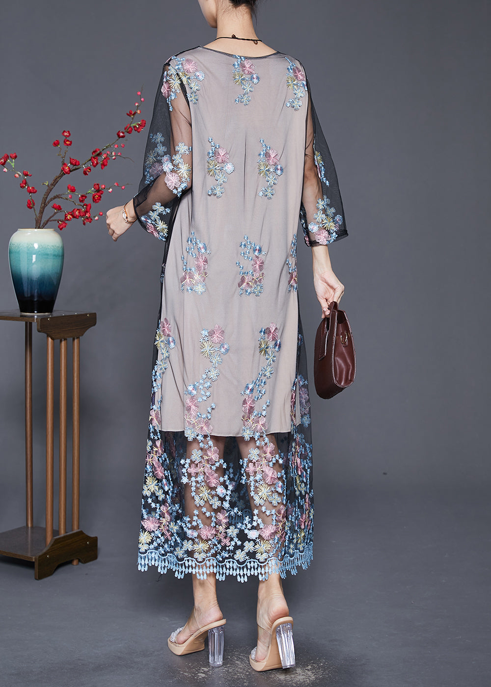 Grey Embroideried Hollow Out Tulle Maxi Dresses Fall