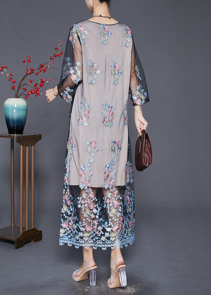 Grey Embroideried Hollow Out Tulle Maxi Dresses Fall