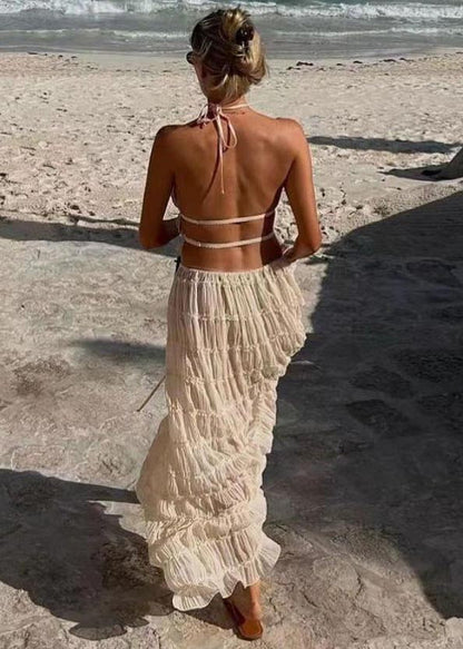 Apricot Backless Wrinkled Halter Two Piece Set