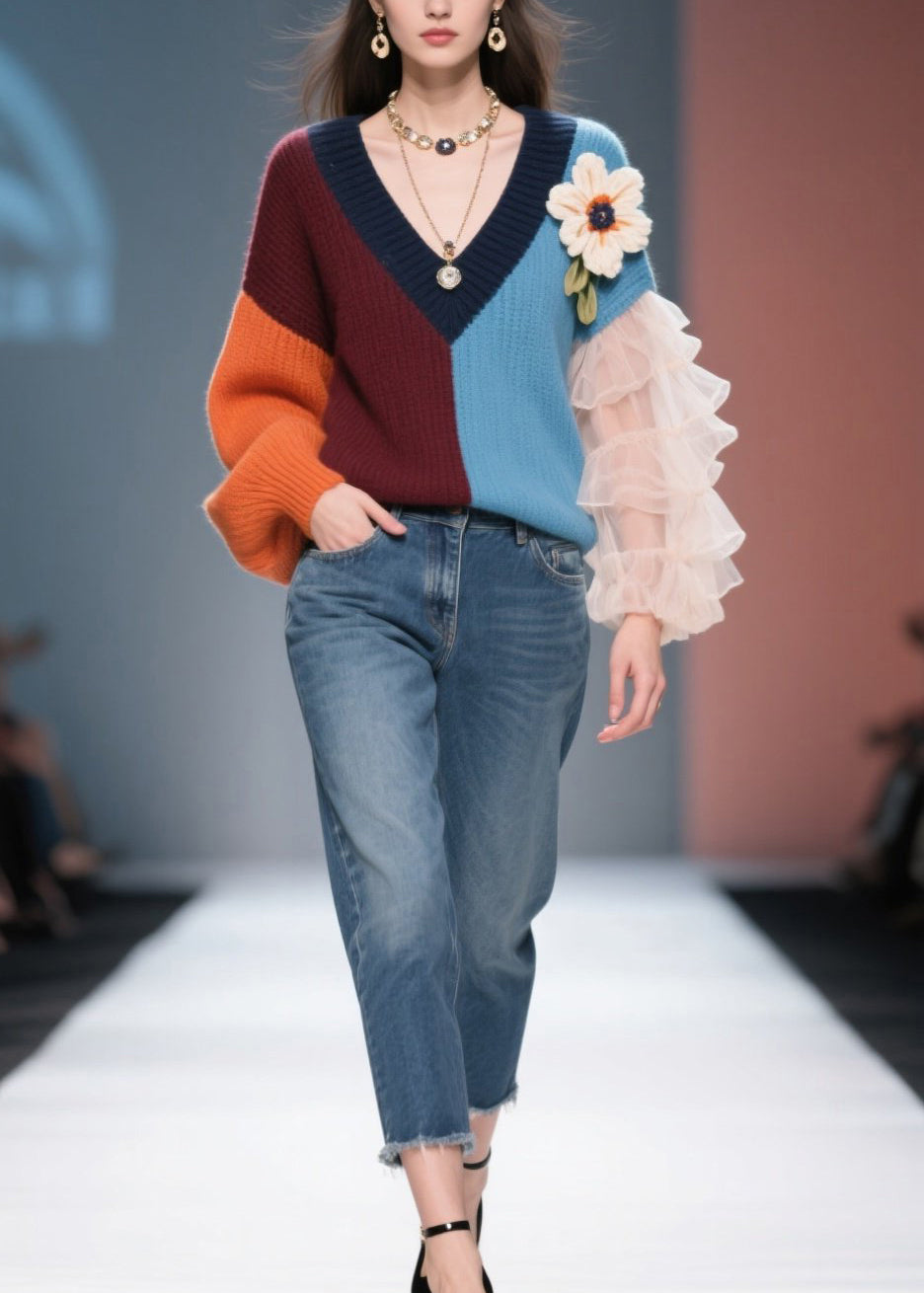 New Colorblock V Neck Tulle Knit Sweater Fall