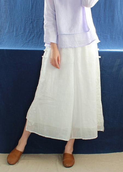 French White Embroidery Pants Summer Elastic Waist Work Pant