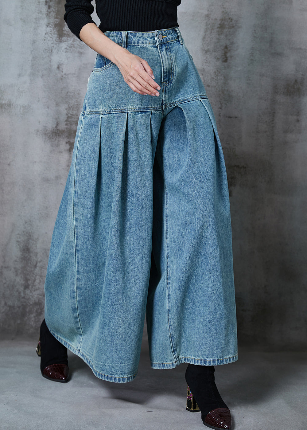 Blue High Waist Patchwork Denim Wide Leg Pant Skirts Summer