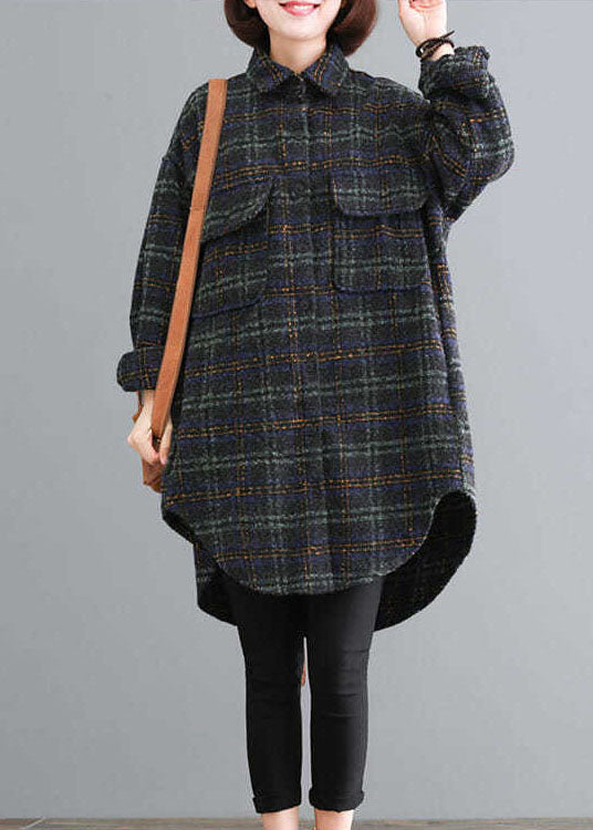 Blue Green Plaid Pockets Button Fall Thick Long Sleeve Coat