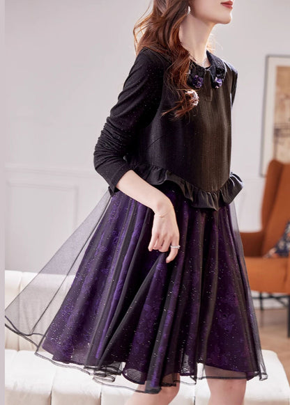 Style Purple Ruffled Jacquard Patchwork Tulle Vest Dresses Spring