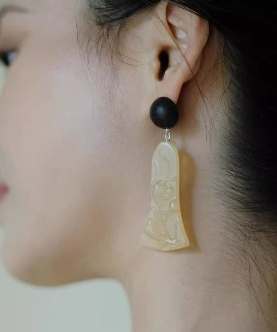 Black Sandalwood Carving Drop Earrings