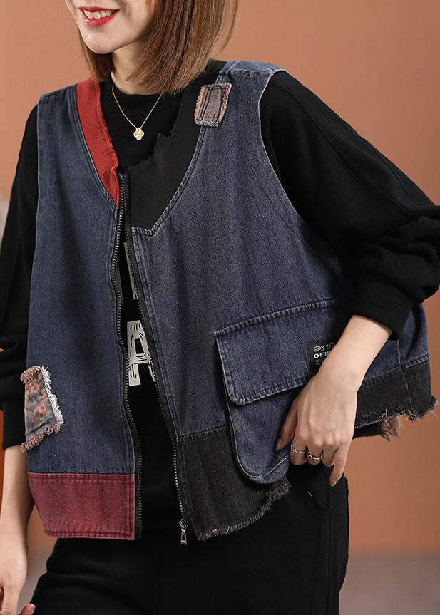 Italian Blue O-neck Zippered Patchwork Denim Waistcoat Sleeveless