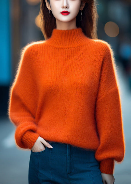 Simple Orange Turtleneck Cotton Knit Top Long Sleeve
