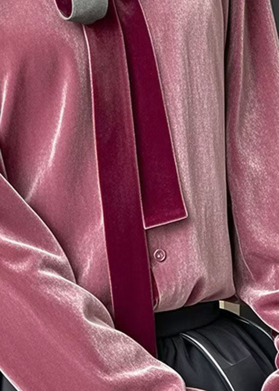 Purple Ruffled Lace Up Velour Shirts Fall