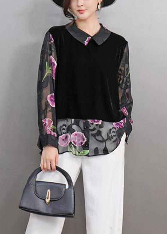 Black Peter Pan Collar Print Fake Two Pieces Silk Velour Shirt Spring