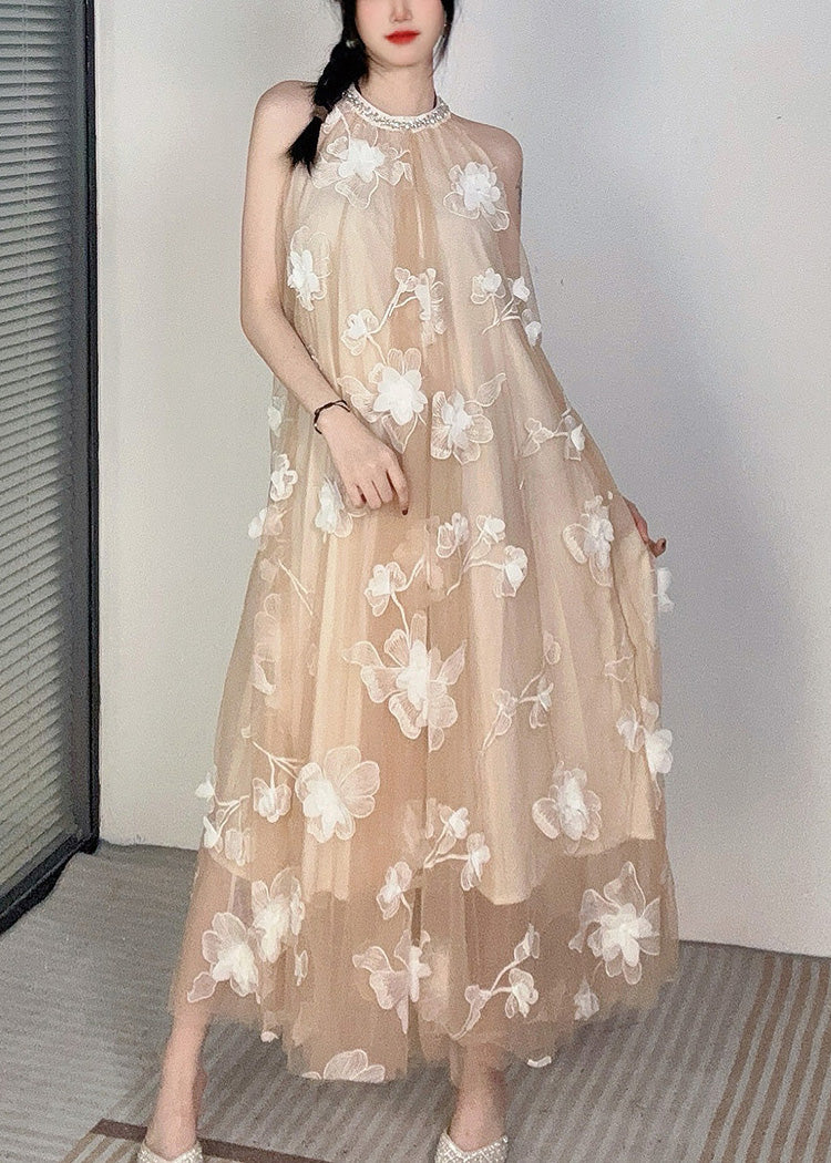 Apricot O-neck Cold Shoulder Tulle Dress Sleeveless