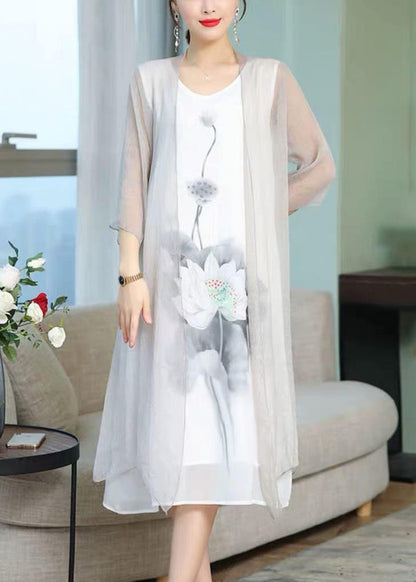 New White Print Cardigan and Tank Dress Two Pieces Set Bracelet Sleeve