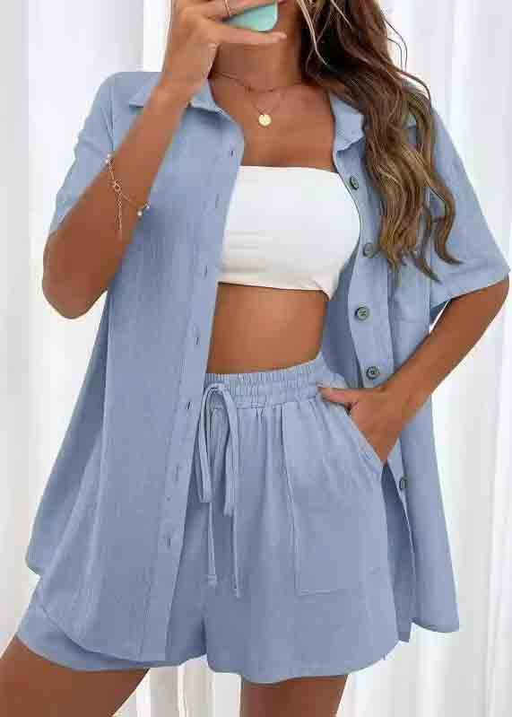 Blue Oversized Cotton Pajamas Two Pieces Set Summer
