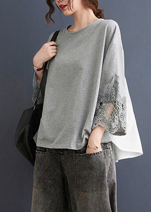 Grey Hollow Out Sweatshirts Top Ruffled Low High Design Three Quarter Sleeve