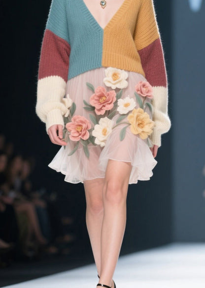 Style Colorblock V Neck Tulle Knit Sweater Dress Fall
