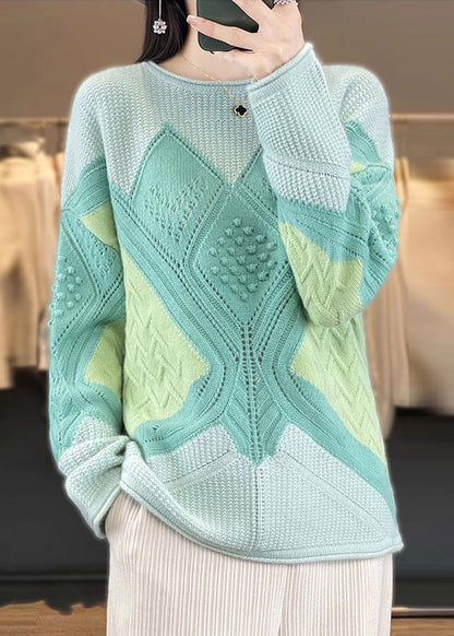 New Green O-neck Patchwork Woolen Knit Sweater Spring