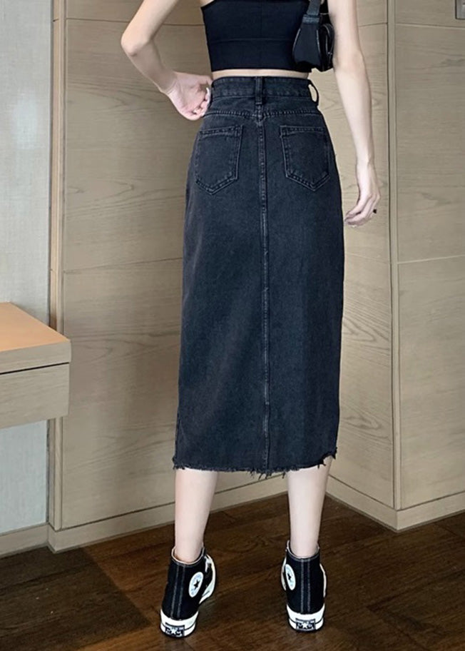 Black High Waist Pockets Button Denim a Line Skirt Spring