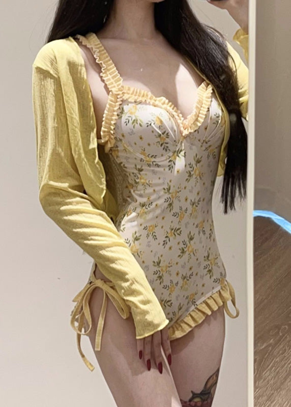 Yellow Print Smock and Bodysuit Lingerie Set