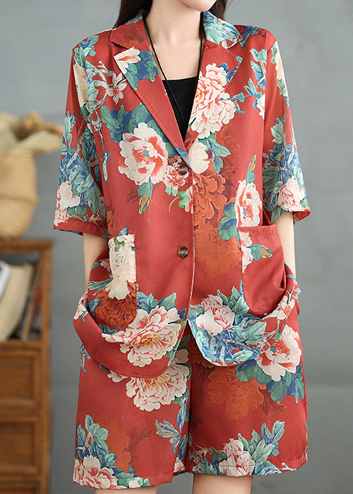 Red Print Pockets Cotton Two Pieces Set Half Sleeve