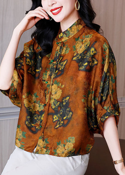 Orange Stand Collar Oriental Button Print Silk Blouses Batwing Sleeve