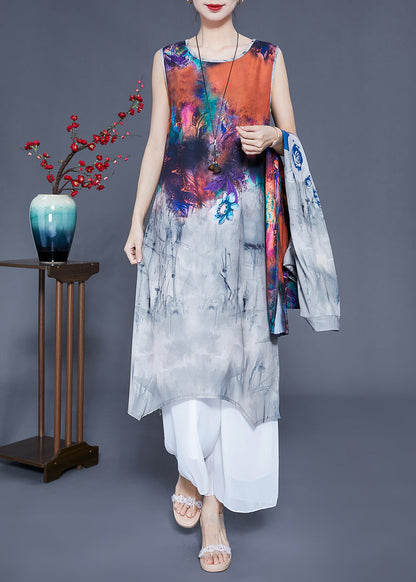 Diy Grey Stand Collar Oversized Tie Dye Silk Two Piece Set Clothing Summer