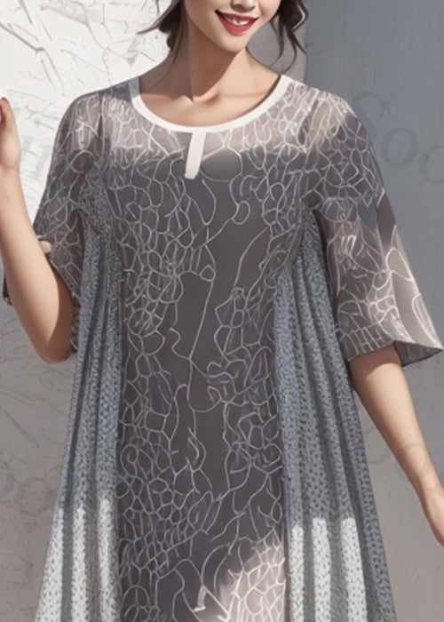 French Grey O Neck Print Patchwork Silk Dress Short Sleeve