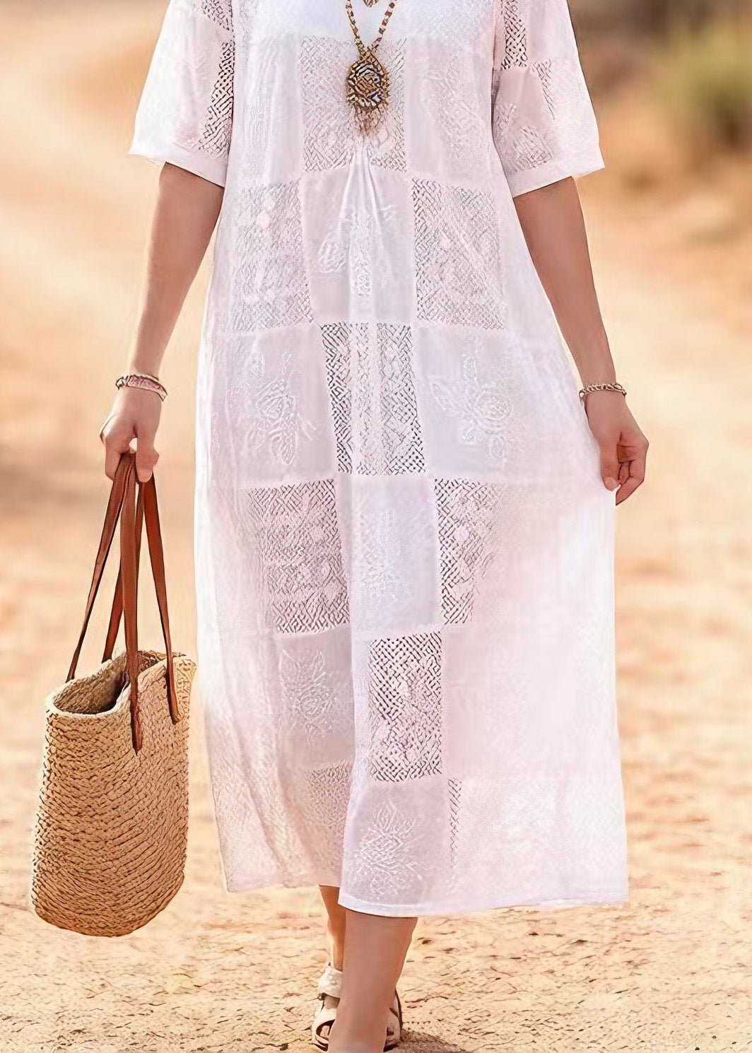 White O Neck Embroidered Lace Maxi Dress Summer