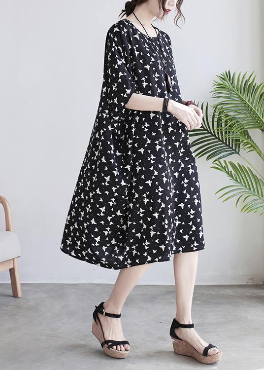 Art Black Butterfly Print Loose Spring Cotton Dress