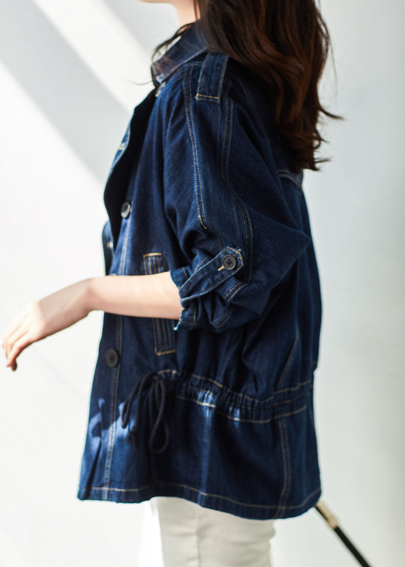 Blue Peter Pan Collar Pockets Drawstring Patchwork Denim Coat Fall
