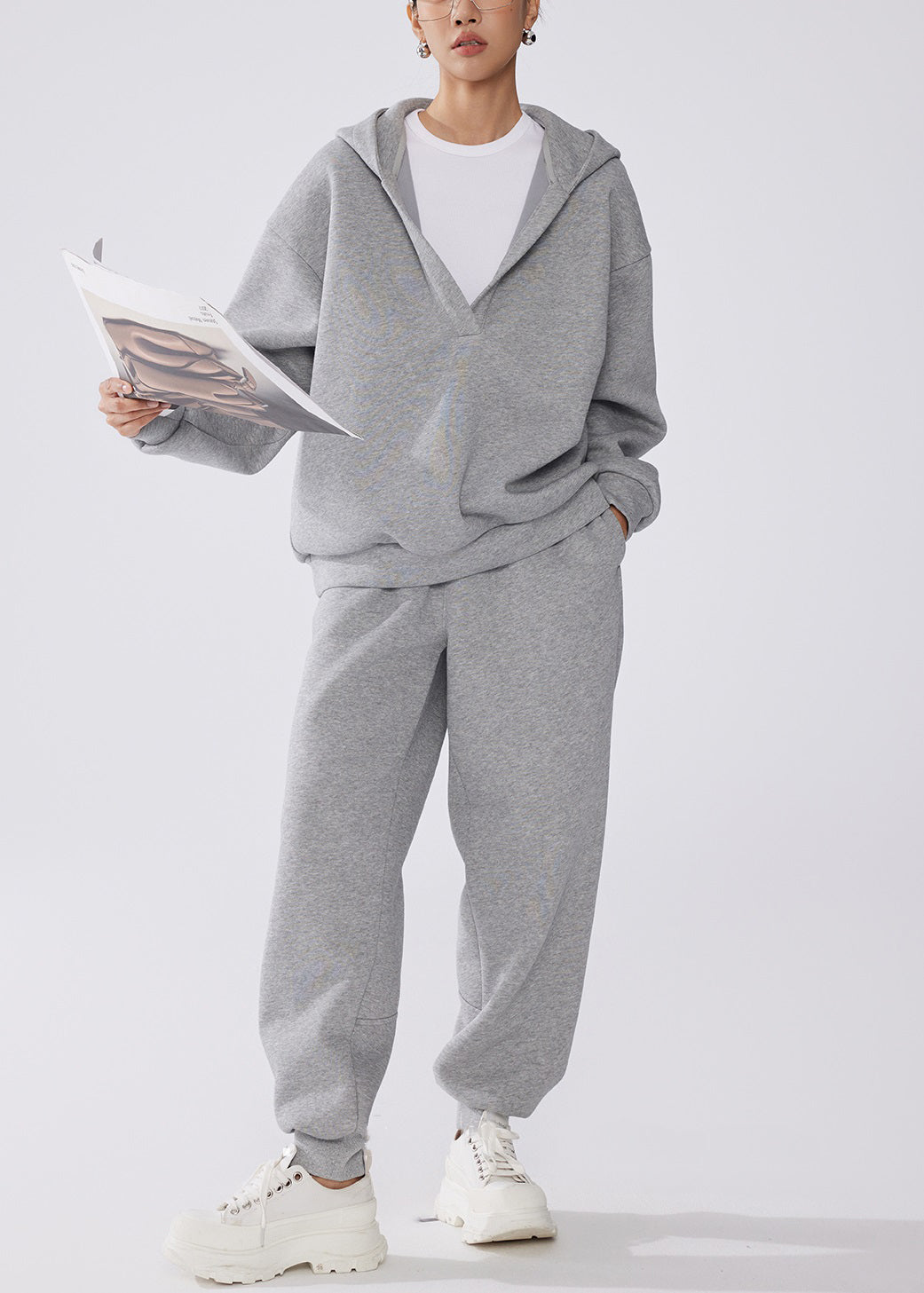 Loose Grey Hooded Sweatshirt and Pants Warm Fleece Two Pieces Set Winter