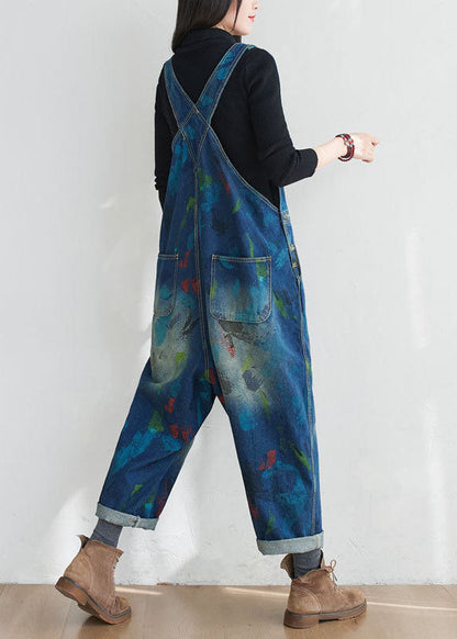 Blue Patchwork Print Denim Jumpsuit Spring