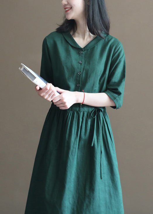 Green Drawstring Peter Pan Collar Linen Long Dress Half Sleeve