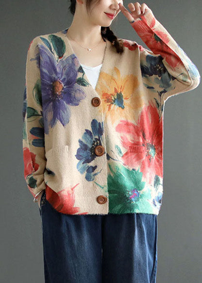 Diy Khaki V Neck Print Mink Hair Knitted Loose Coat Spring