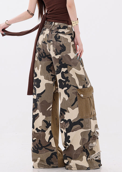 Camouflage Pockets False Two Pieces Patchwork Denim Pants Fall