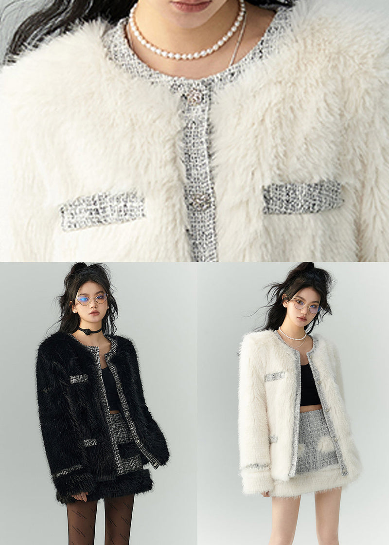 Italian White Button Coats and Skirts Leather and Furtwo Pieces Set Winter
