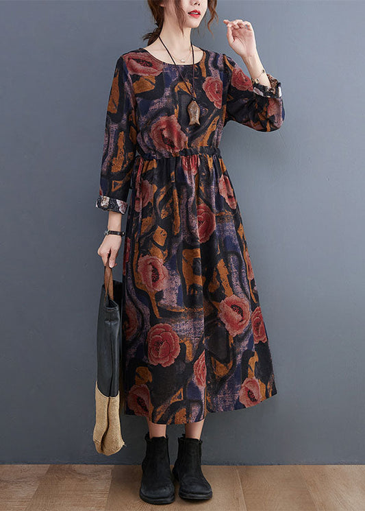 Handmade Blue O-neck Cinched Cotton Maxi Dress Long Sleeve