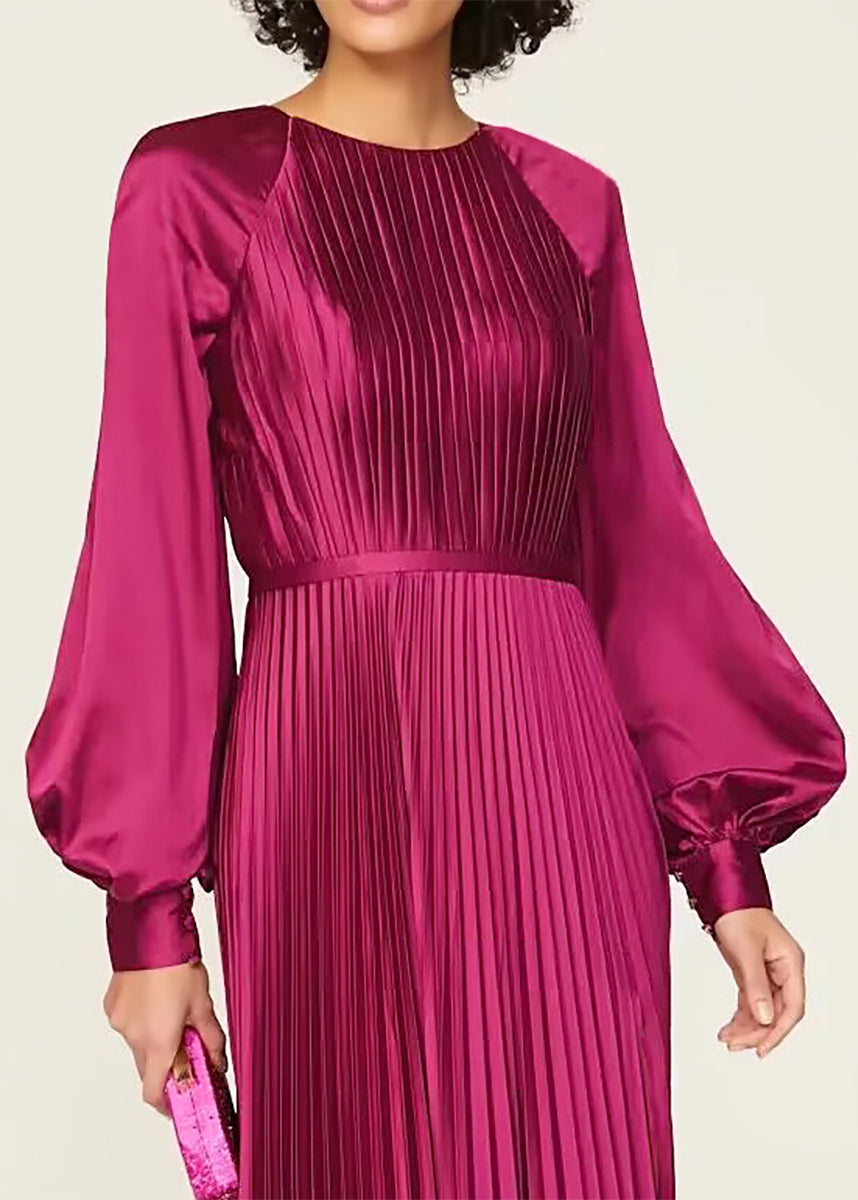 Wine Red O Neck Wrinkled High Waist Silk Dresses Fall