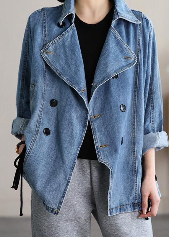 Blue Notched Patchwork Tie Waist Denim Coats Long Sleeve