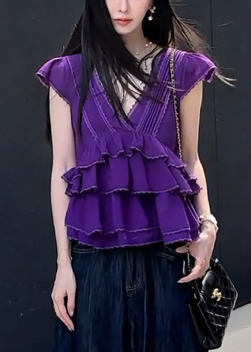Purple V Neck Lace Layered Cotton T Shirt Summer