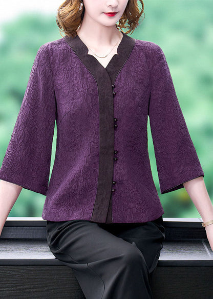 Purple V Neck Jacquard Patchwork Silk Shirts Bracelet Sleeve