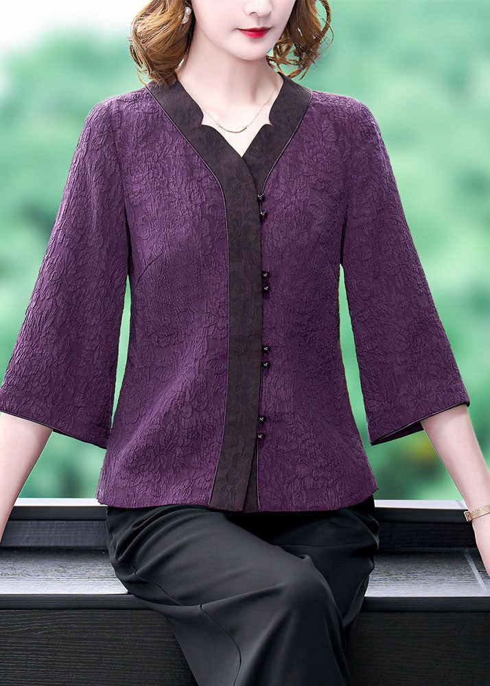 Purple V Neck Jacquard Patchwork Silk Shirts Bracelet Sleeve