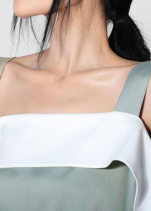 Light Green Slash Neck Patchwork Asymmetrical Design Spaghetti Strap Top Summer