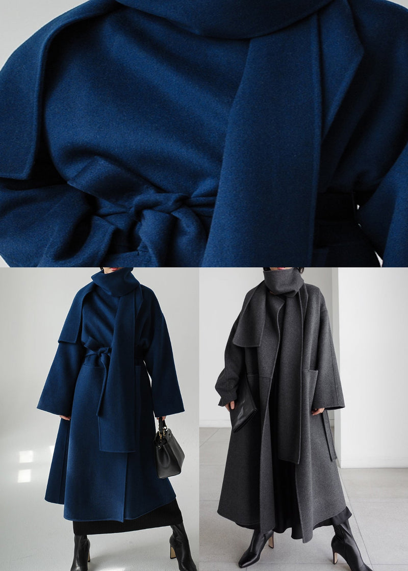 Art Grey Notched Pockets Woolen Coats Long Sleeve
