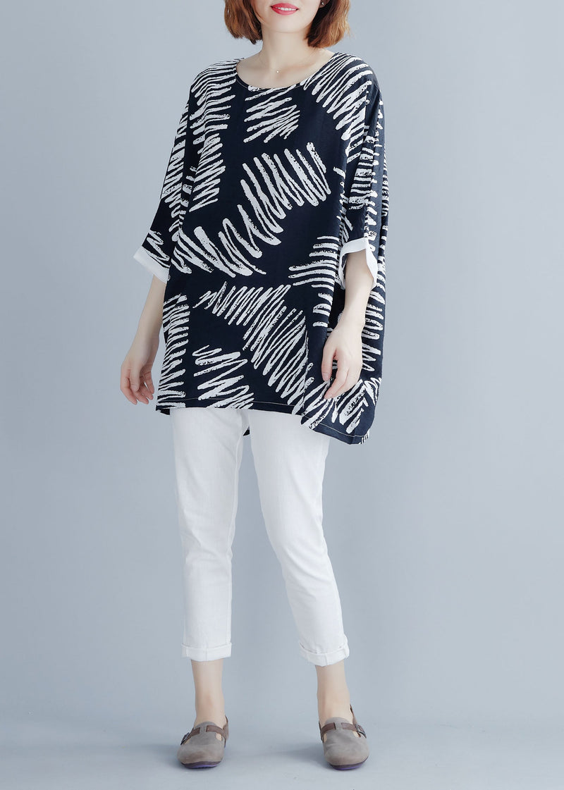 Black O-neck Asymmetrical Print Cotton Shirt Top Summer