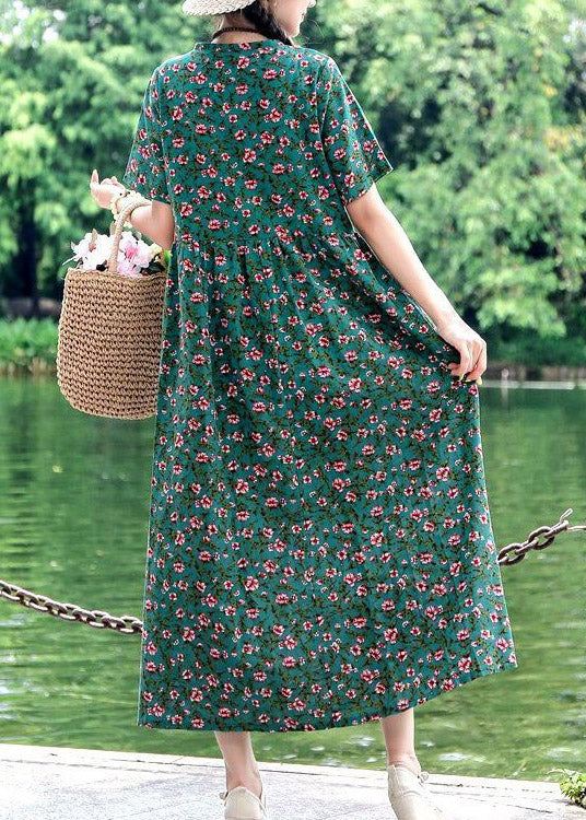 Style Blackish Green O-neck Print Wrinkled Linen Dress Short Sleeve