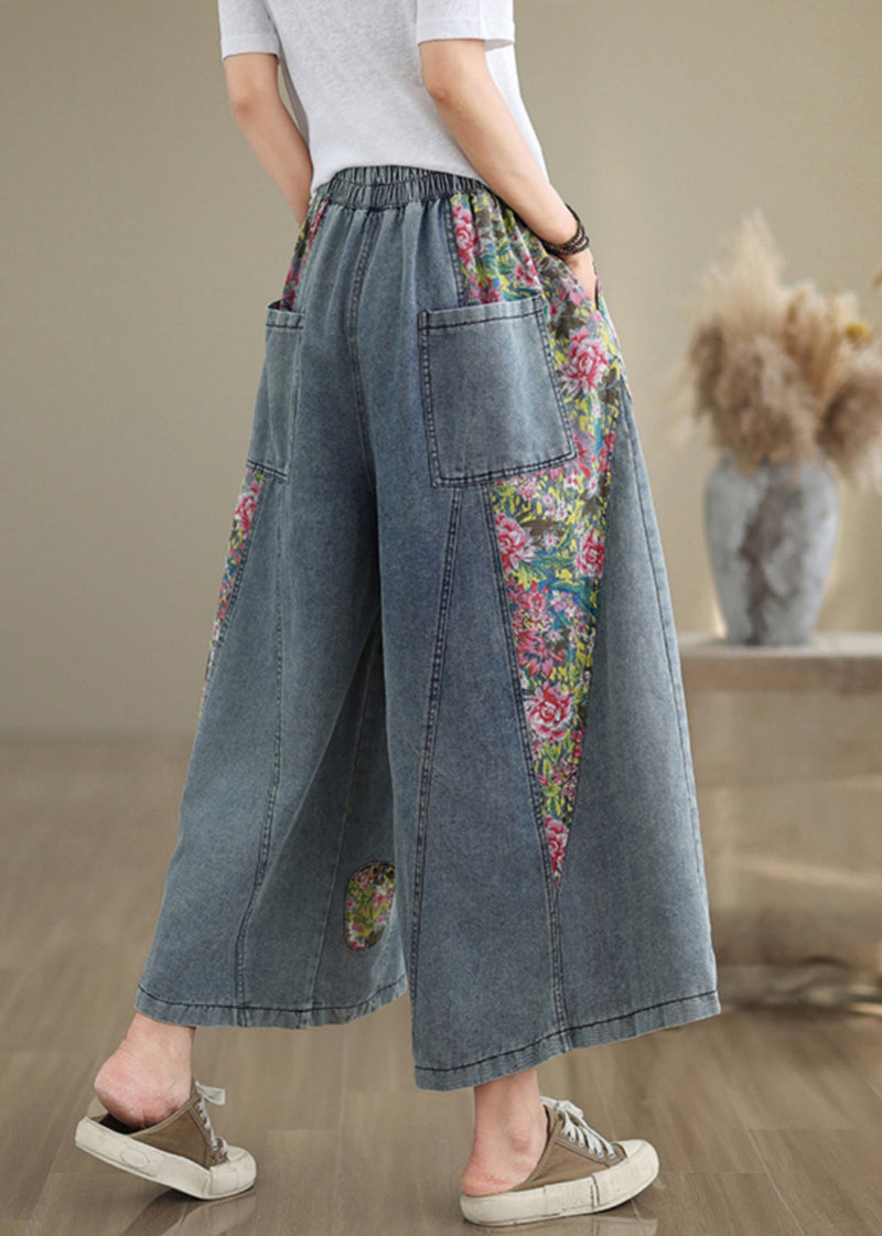 Blue Elastic Waist Pockets Patchwork Crop Jeans Summer