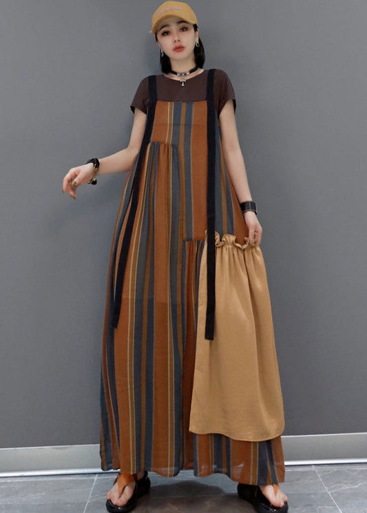 Brown Striped Patchwork a Line Skirts Short Sleeve Dresses