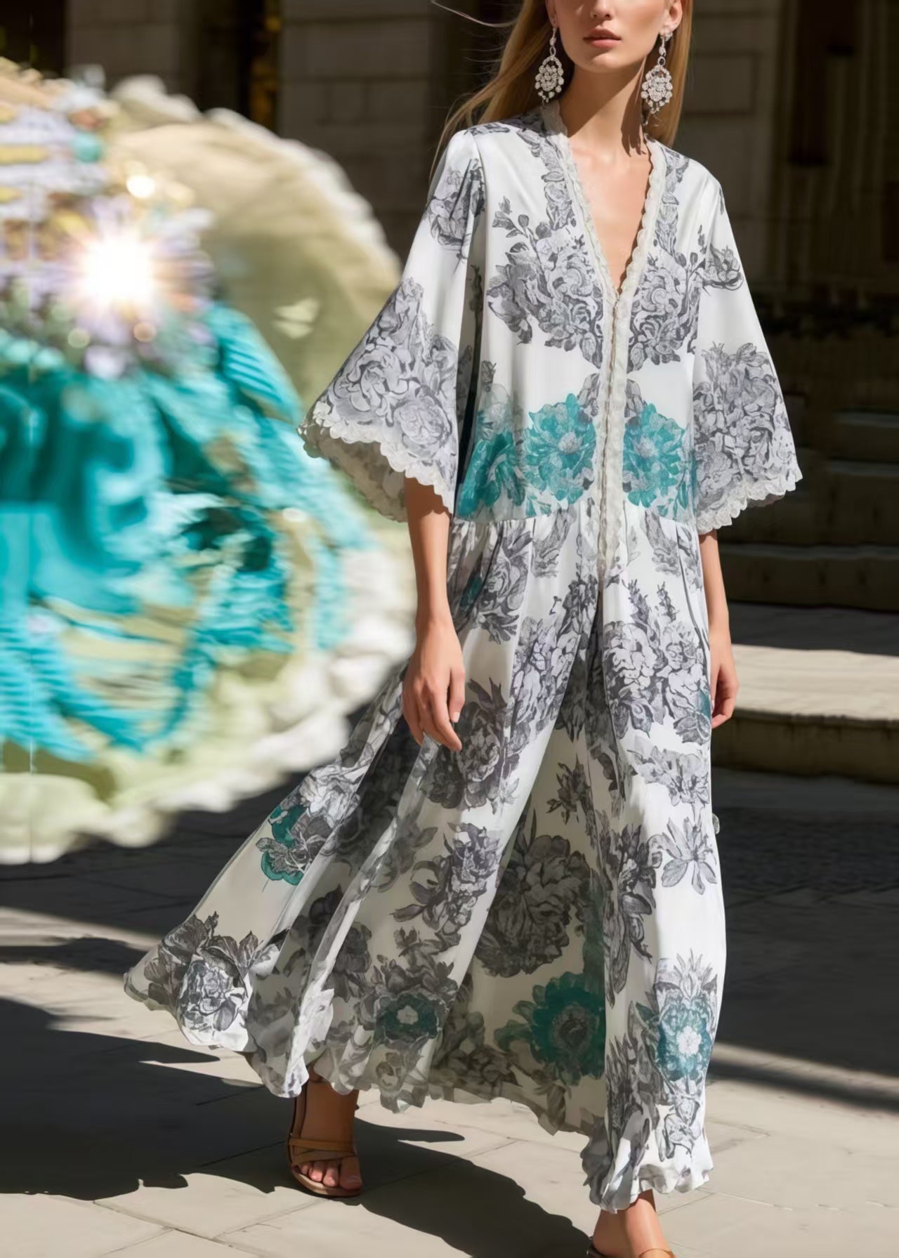 Fitted Grey Oversized Print Silk Robe Dresses Flare Sleeve Summer