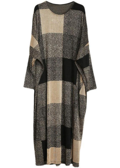 Plaid Pockets Long Sleeve Maxi Dresses Fall